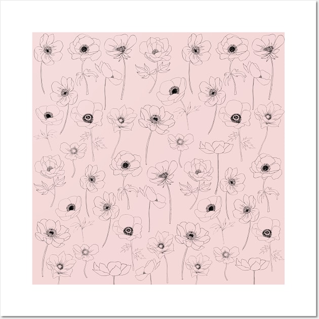 Poppies Line Art Flowers Pattern On Pink Wall Art by ArunikaPrints